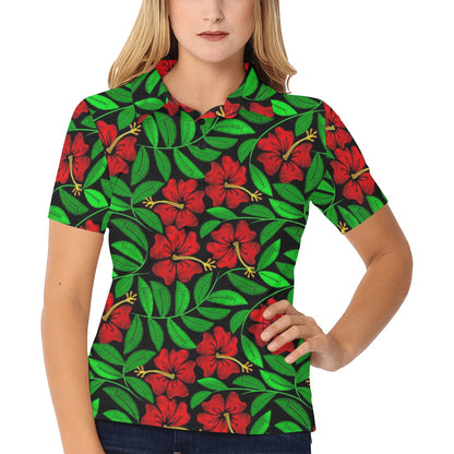 Red Hibiscus Embroidered Pattern Print Design HB032 Women's Polo Shirt