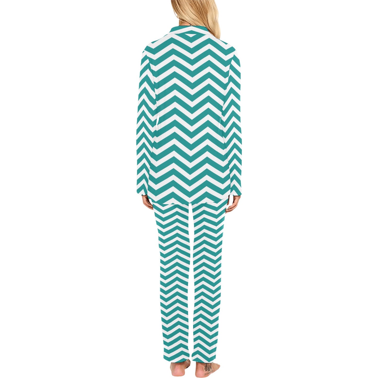 Chevron Teal Pattern Print Design 02 Women's Long Pajama Set