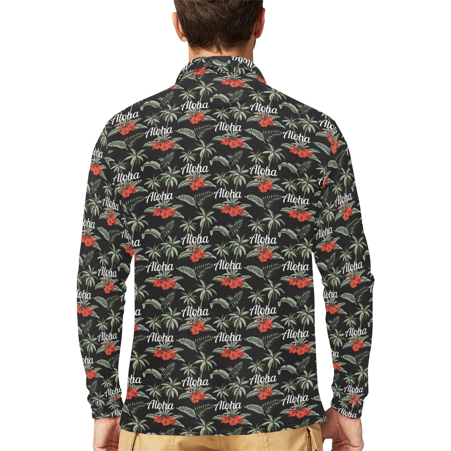 Aloha Palm Tree Design Themed Print Long Sleeve Polo Shirt For Men's