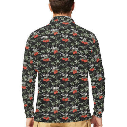 Aloha Palm Tree Design Themed Print Long Sleeve Polo Shirt For Men's