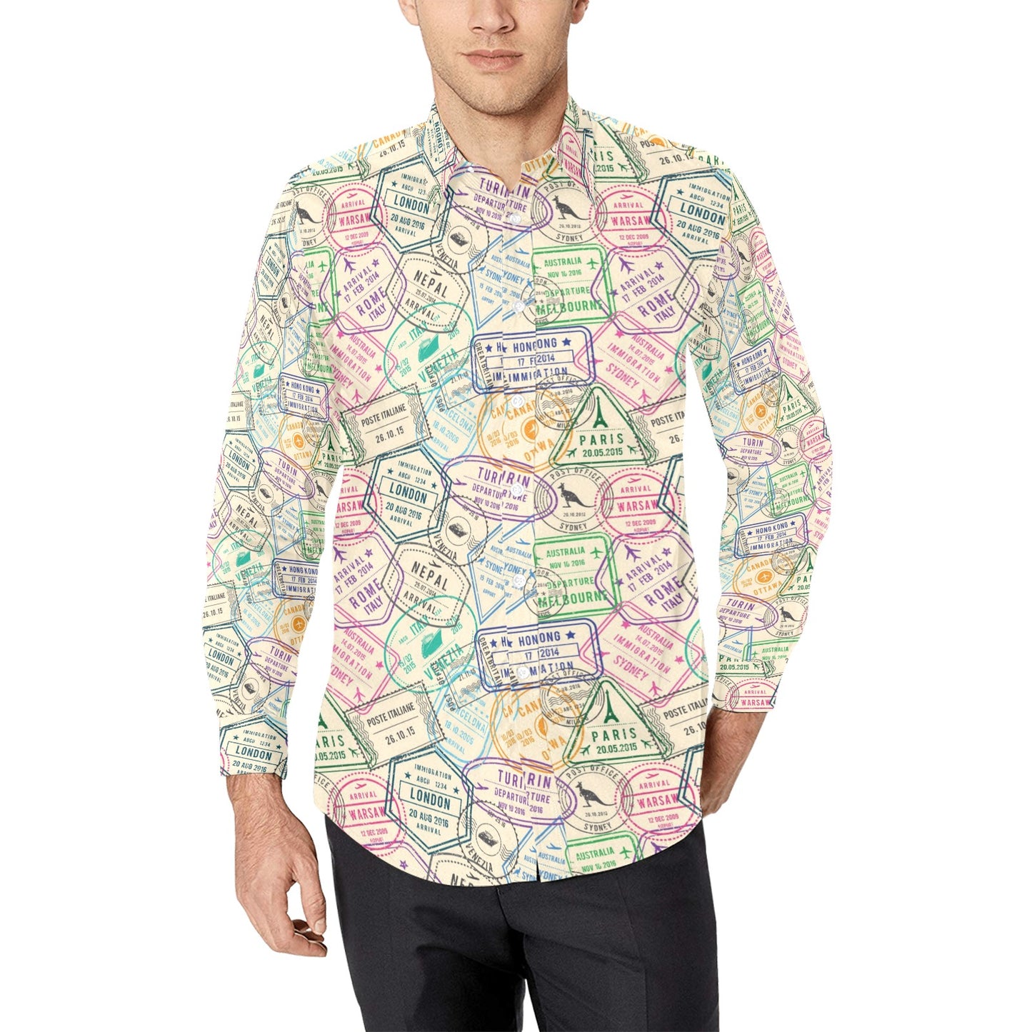 Travel Stamp Print Design LKS303 Men's Long Sleeve Dress Shirt
