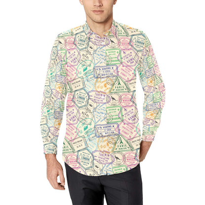 Travel Stamp Print Design LKS303 Men's Long Sleeve Dress Shirt