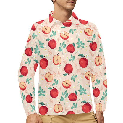 Apple Pattern Print Design AP06 Long Sleeve Polo Shirt For Men's