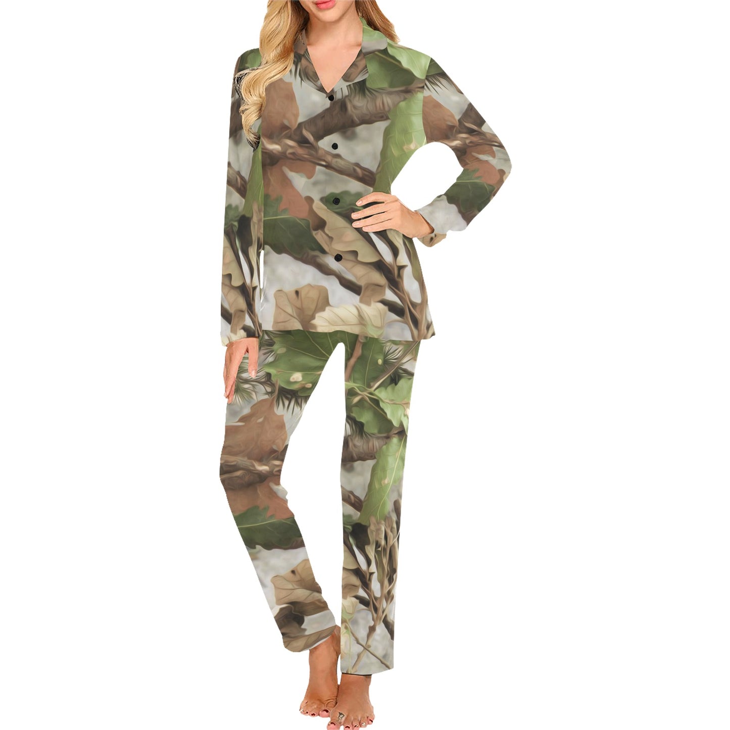 Camo Realistic Tree Forest Print Women's Long Pajama Set