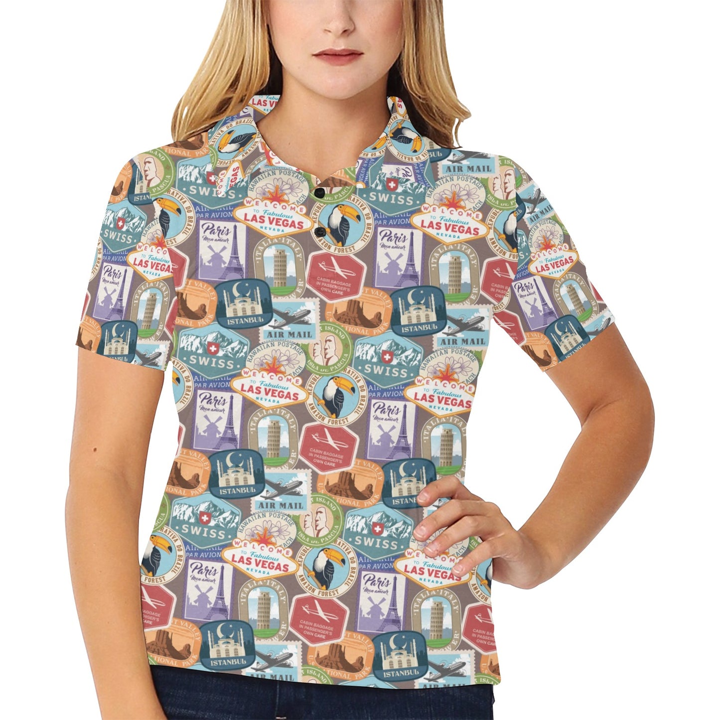 Travel Stamp Print Design LKS301 Women's Polo Shirt