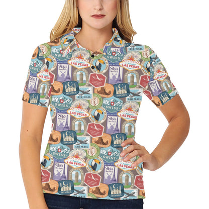 Travel Stamp Print Design LKS301 Women's Polo Shirt