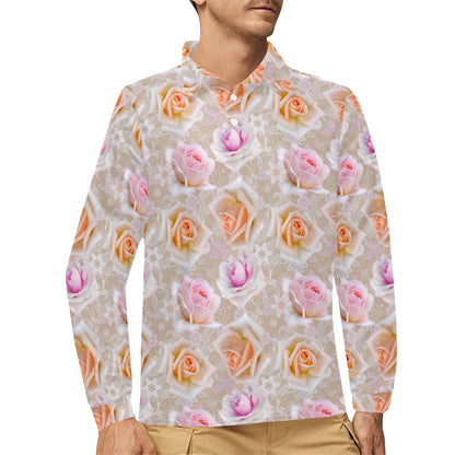 Rose Pattern Print Design RO011 Long Sleeve Polo Shirt For Men's