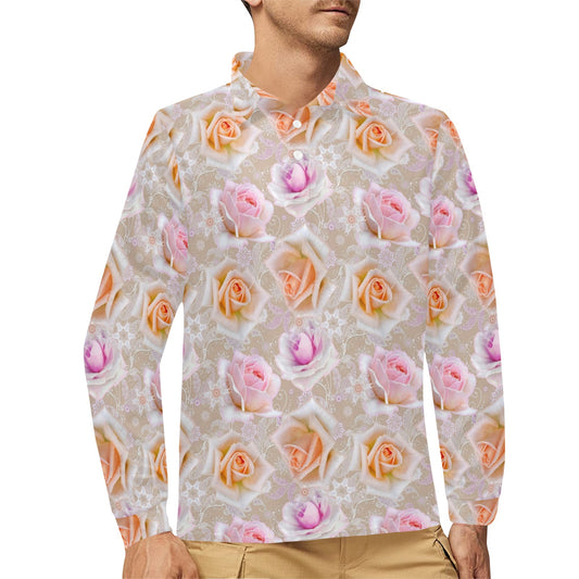 Rose Pattern Print Design RO011 Long Sleeve Polo Shirt For Men's