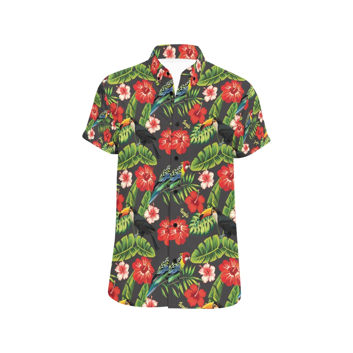Hibiscus Red With Parrotprint Design LKS303 Men Short Sleeve Button Up Shirt