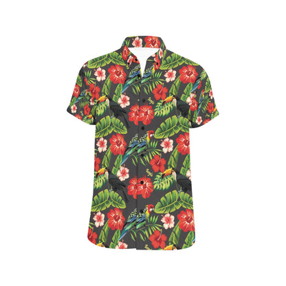 Hibiscus Red With Parrotprint Design LKS303 Men Short Sleeve Button Up Shirt