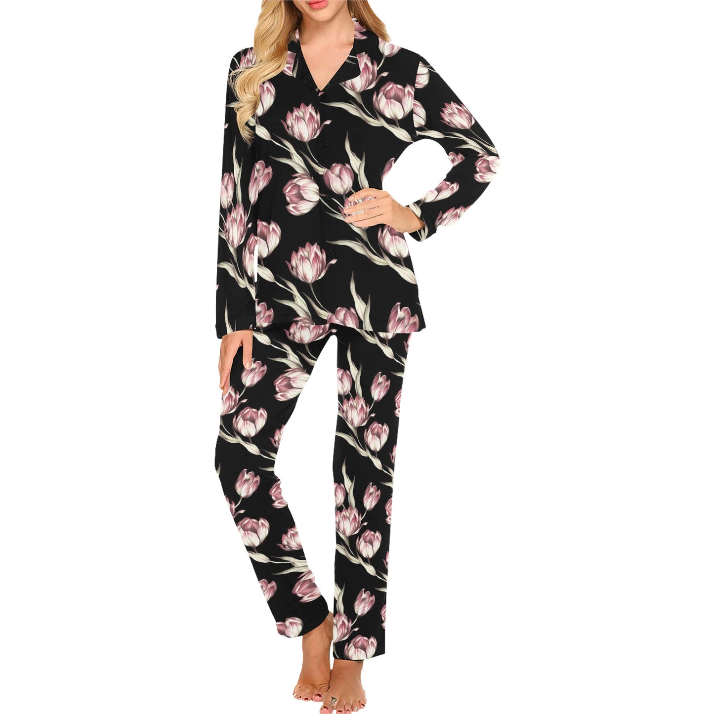 Tulip Pink Pattern Print Design TP02 Women's Long Pajama Set