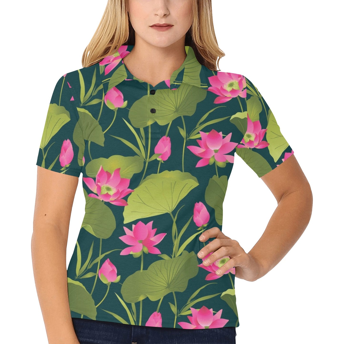 Water Lily Pattern Print Design WL09 Women's Polo Shirt