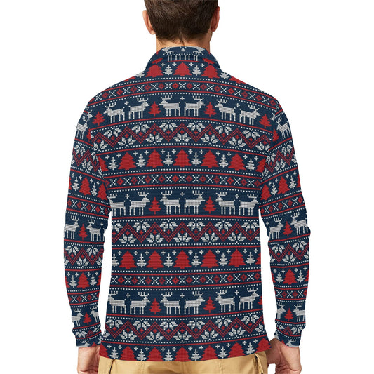 Reindeer Print Design LKS405 Long Sleeve Polo Shirt For Men's