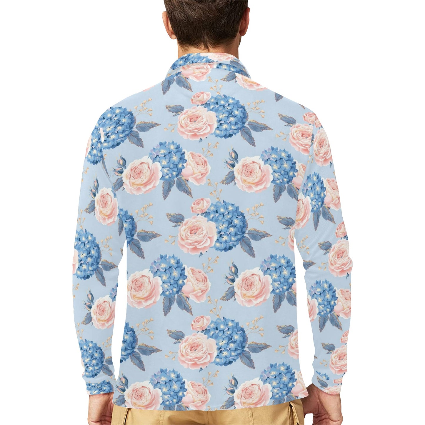 Hydrangea Pattern Print Design HD06 Long Sleeve Polo Shirt For Men's
