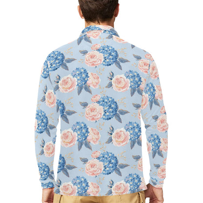 Hydrangea Pattern Print Design HD06 Long Sleeve Polo Shirt For Men's