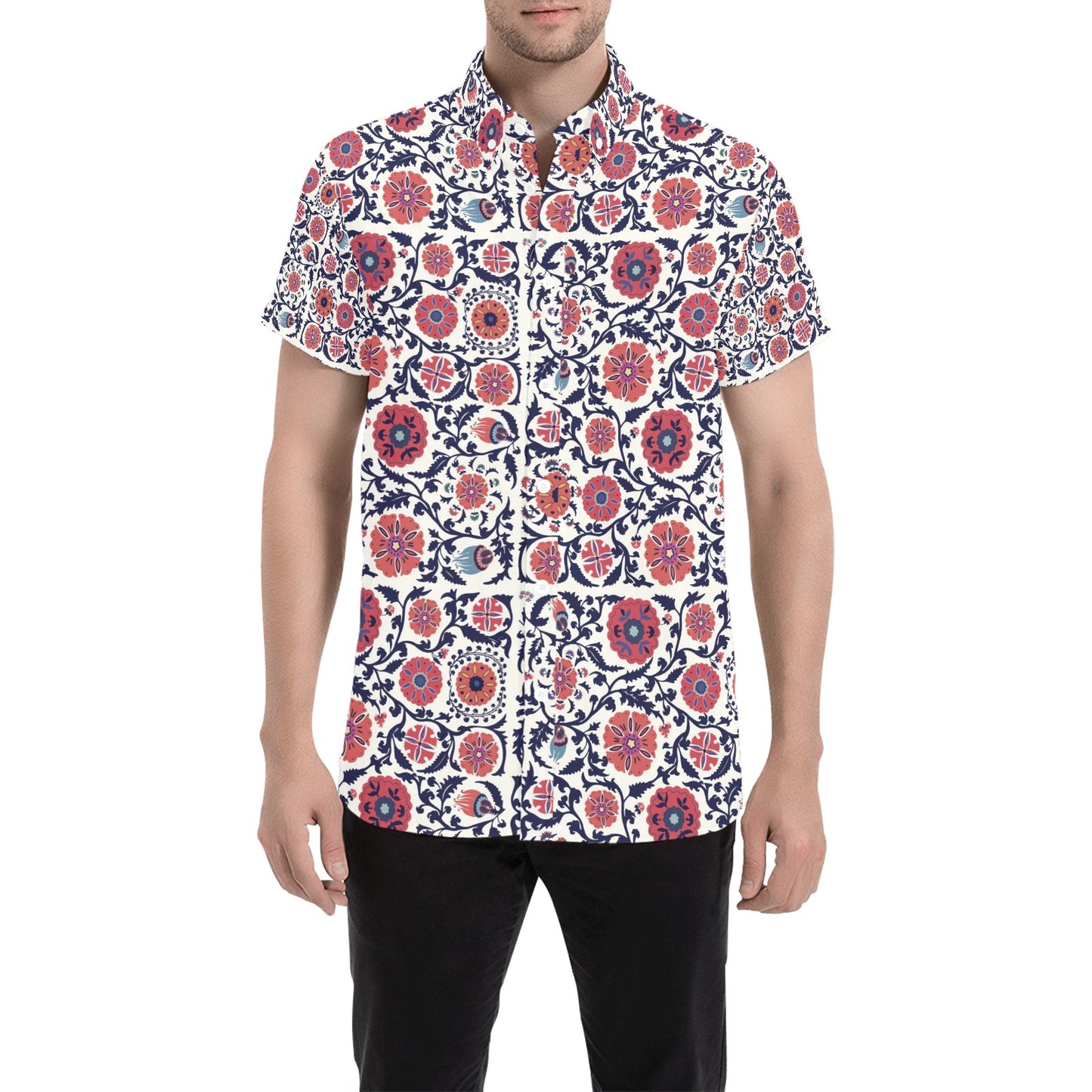 Suzani Print Design LKS304 Men Short Sleeve Button Up Shirt