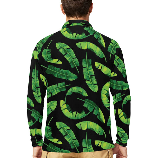 Banana Leaf Pattern Print Design BL02 Long Sleeve Polo Shirt For Men's