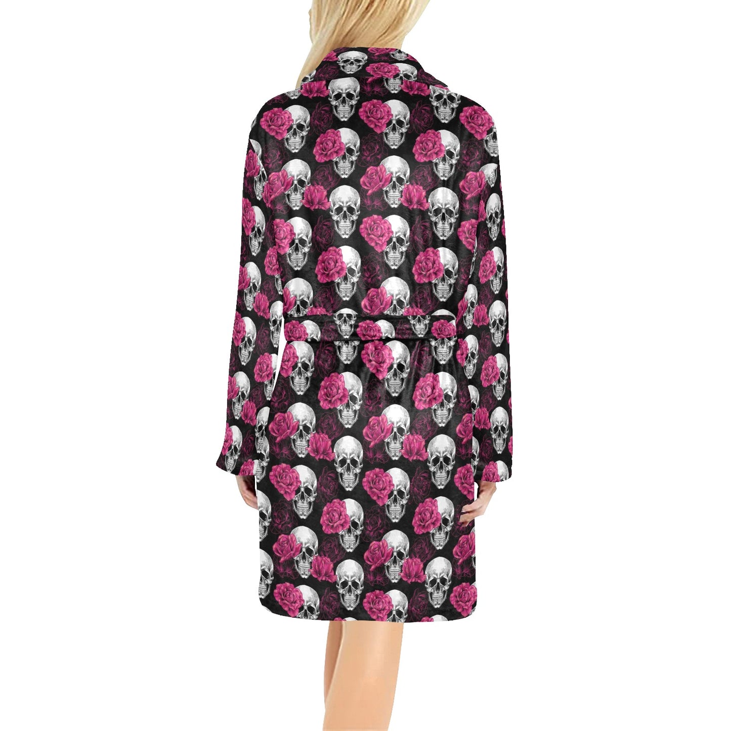 Pink Rose Skull Themed Print Women's Fleece Robe