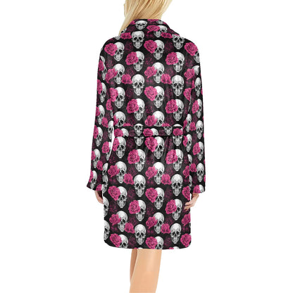 Pink Rose Skull Themed Print Women's Fleece Robe