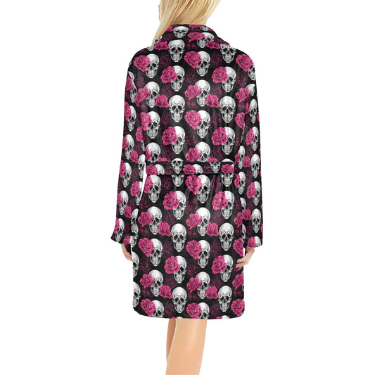 Pink Rose Skull Themed Print Women's Fleece Robe