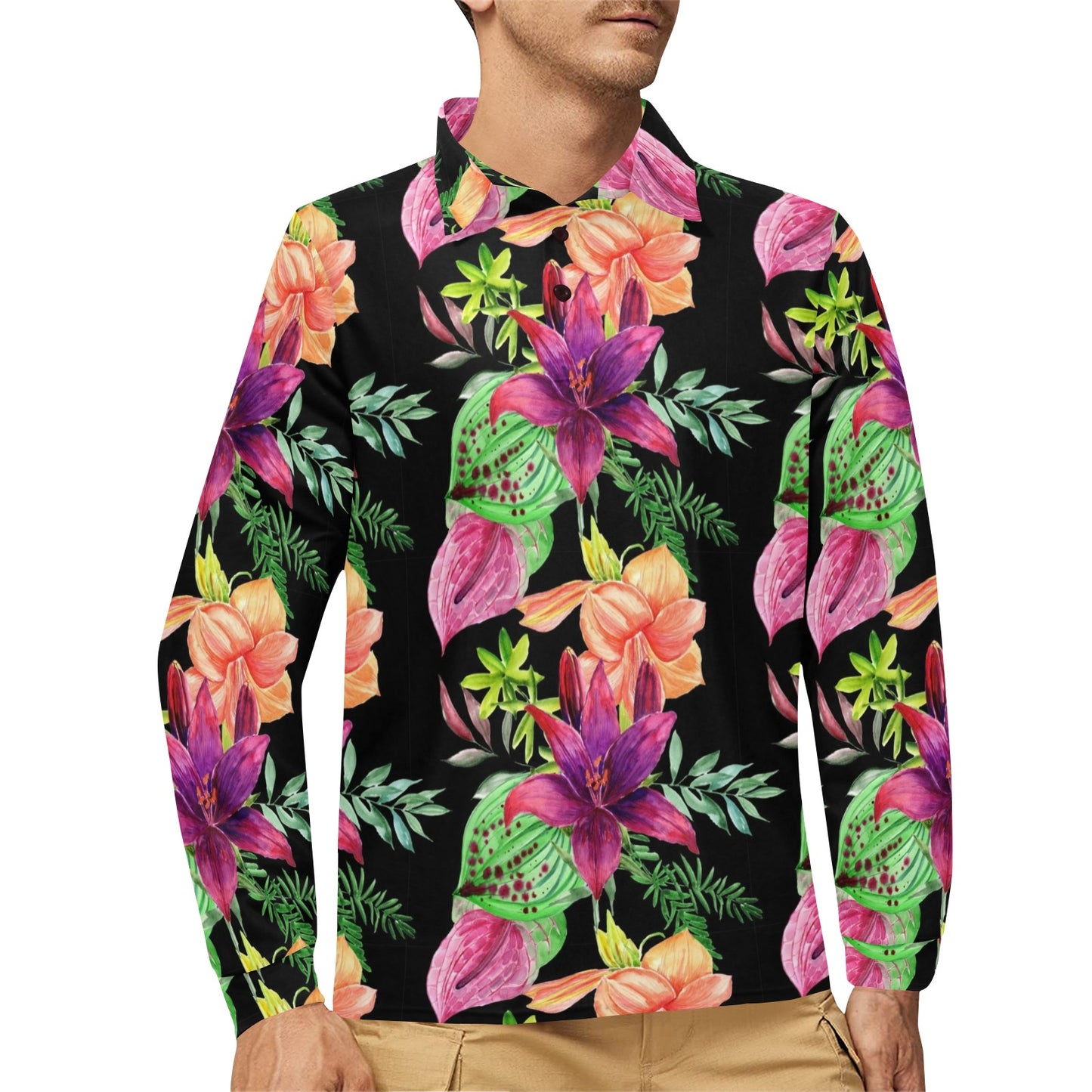 Amaryllis Pattern Print Design AL09 Long Sleeve Polo Shirt For Men's