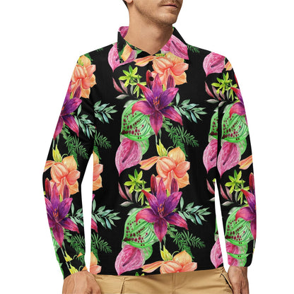 Amaryllis Pattern Print Design AL09 Long Sleeve Polo Shirt For Men's