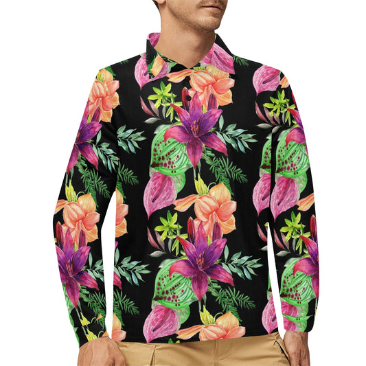 Amaryllis Pattern Print Design AL09 Long Sleeve Polo Shirt For Men's