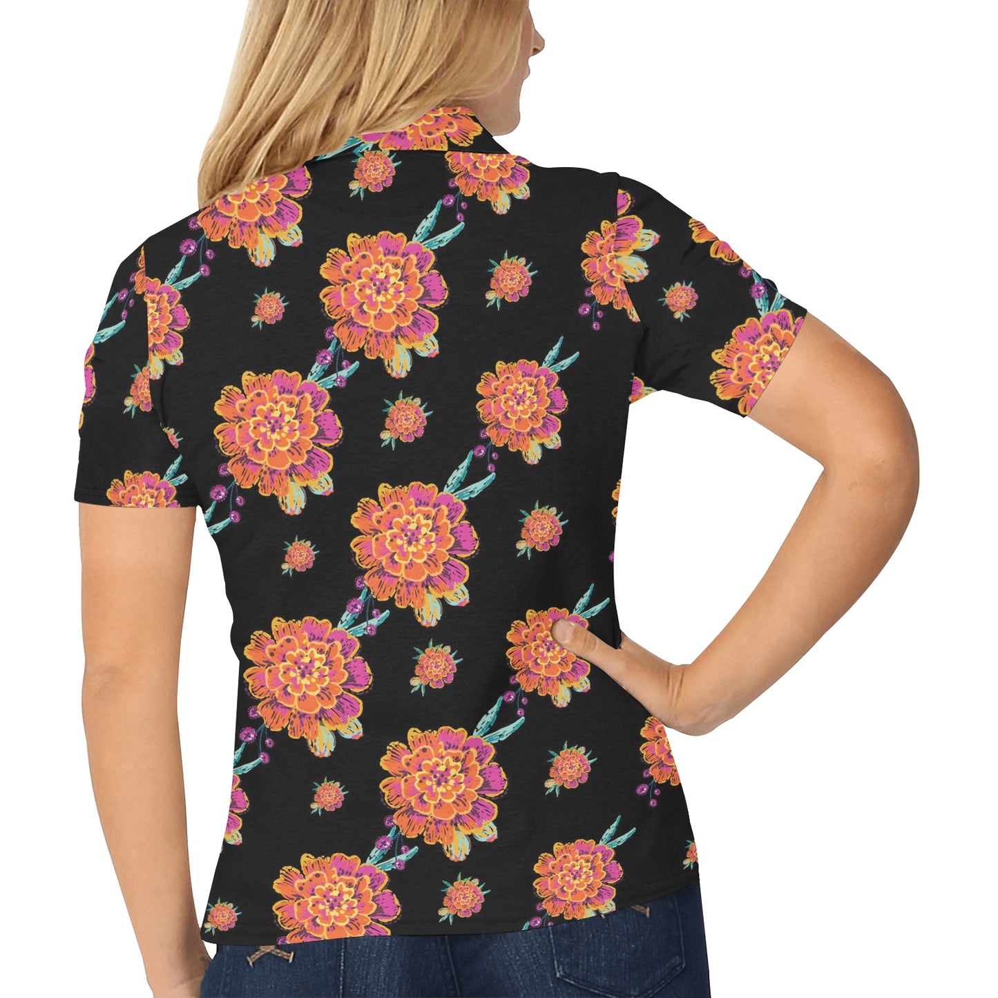 Marigold Pattern Print Design 01 Women's Polo Shirt