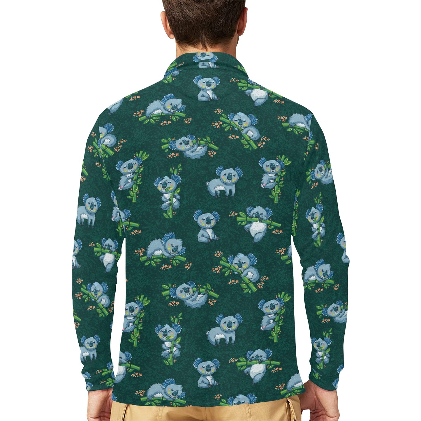Koala Blue Design Print Long Sleeve Polo Shirt For Men's