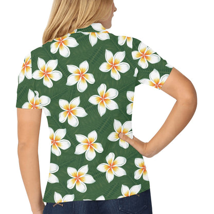 White Plumeria Pattern Print Design PM020 Women's Polo Shirt