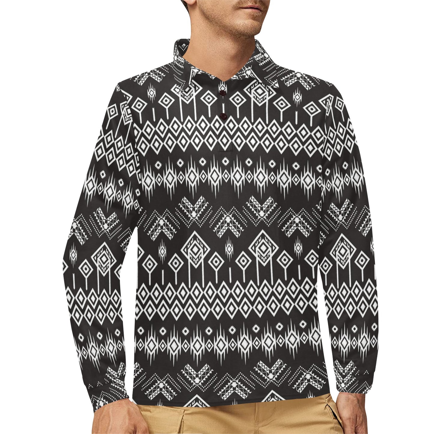 Tribal Pattern Print Design LKS304 Long Sleeve Polo Shirt For Men's