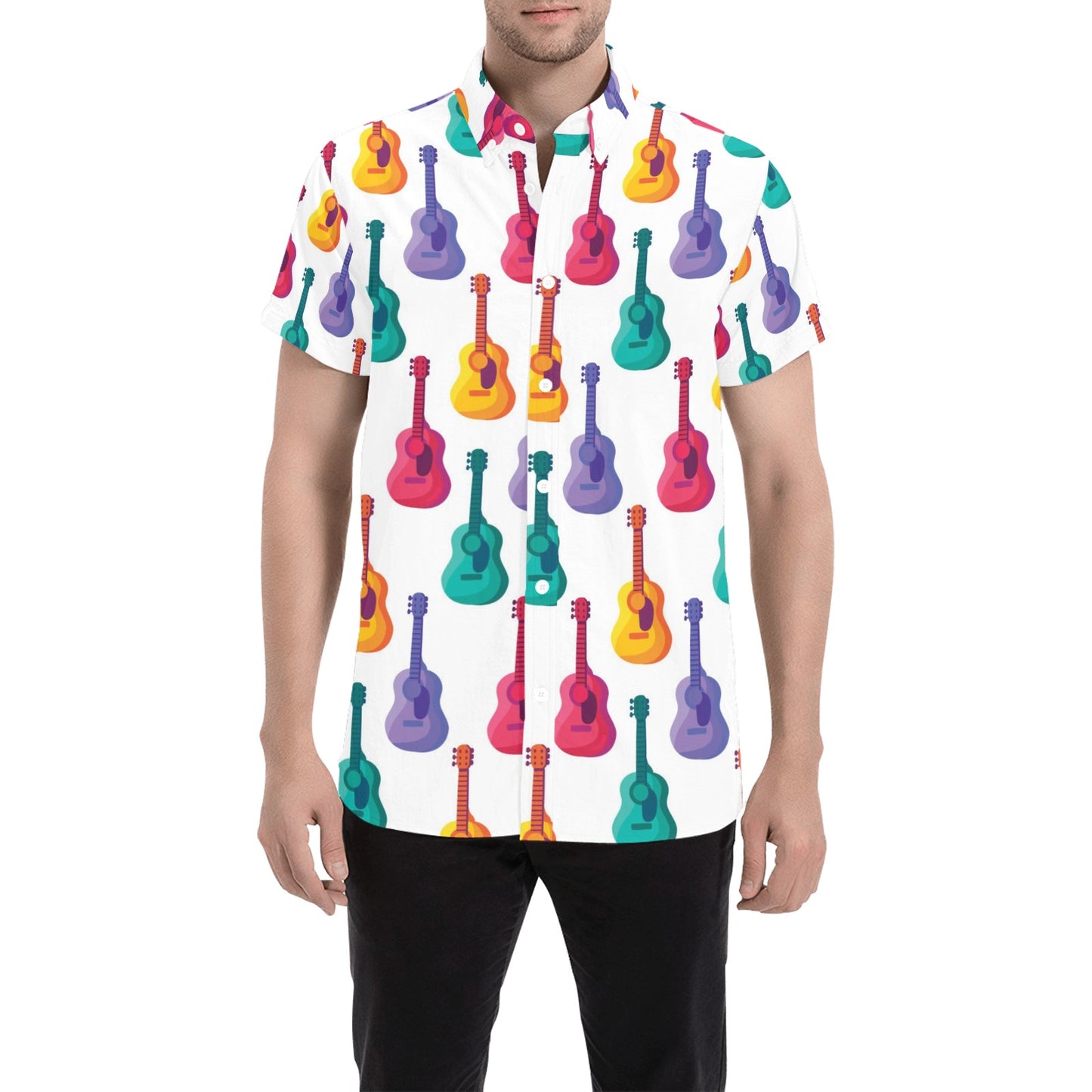Acoustic Guitar Print Design LKS406 Men Short Sleeve Button Up Shirt