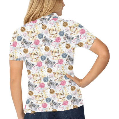 Cat Playing Yarn Pattern Print Design 07 Women's Polo Shirt