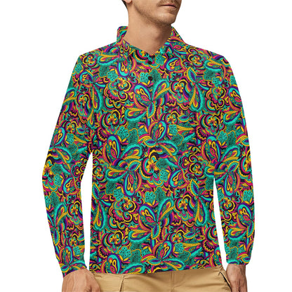 Psychedelic Trippy Floral Design Long Sleeve Polo Shirt For Men's