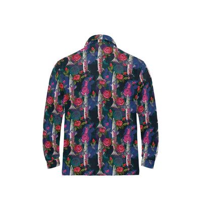 Barracuda with Folwer Pattern Print Design 01 Long Sleeve Polo Shirt For Men's
