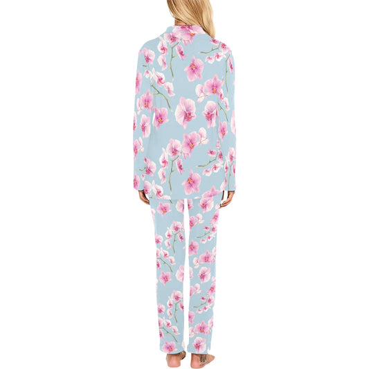 Orchid Pattern Print Design A01 Women's Long Pajama Set