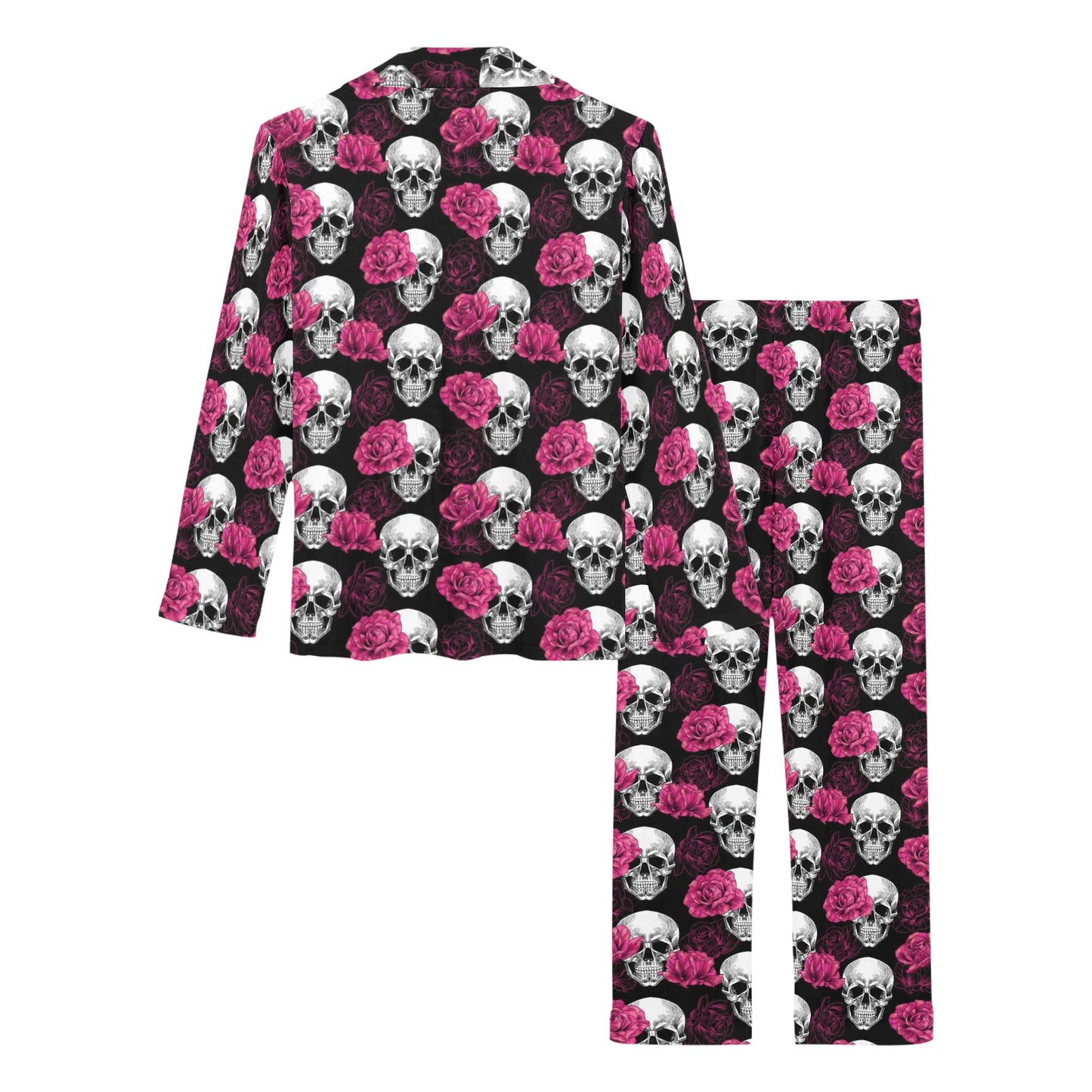 Pink Rose Skull Themed Print Women's Long Pajama Set