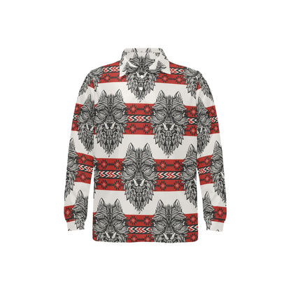 Native Indian Wolf Long Sleeve Polo Shirt For Men's