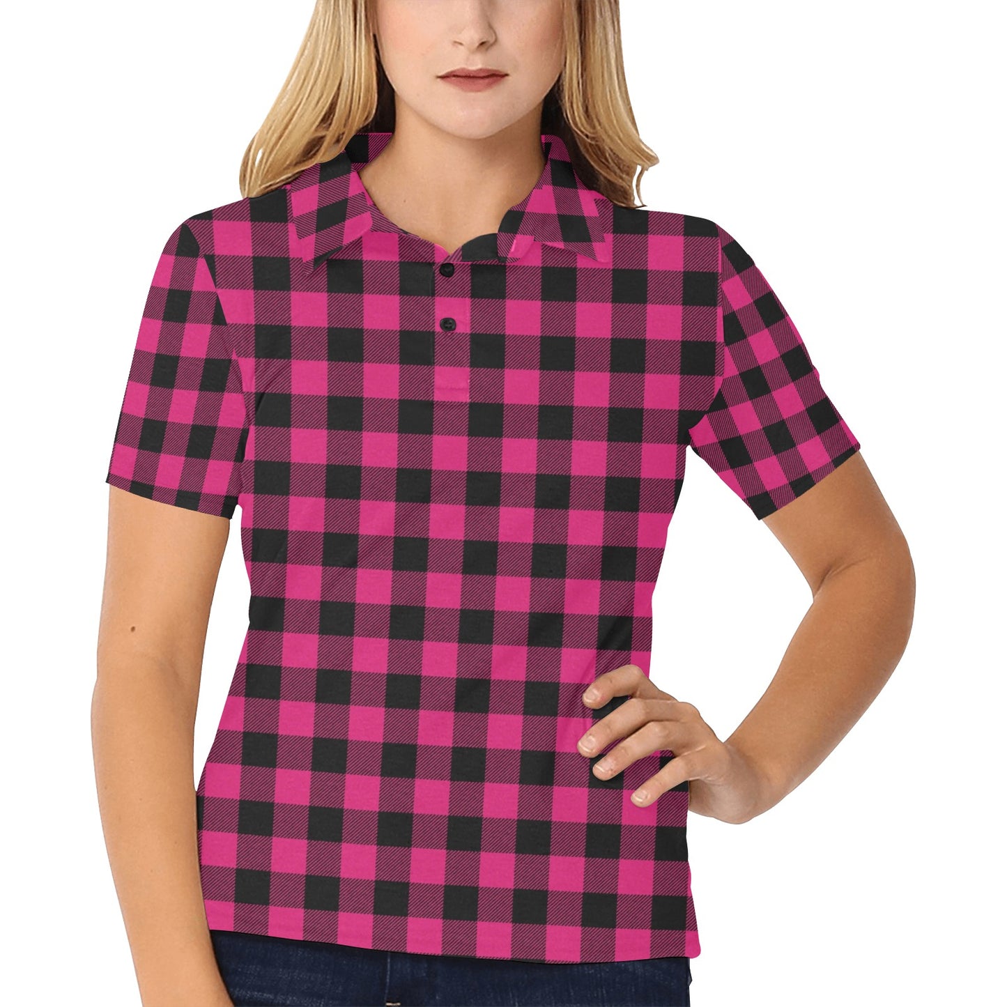 Pink Tartan Plaid Pattern Women's Polo Shirt