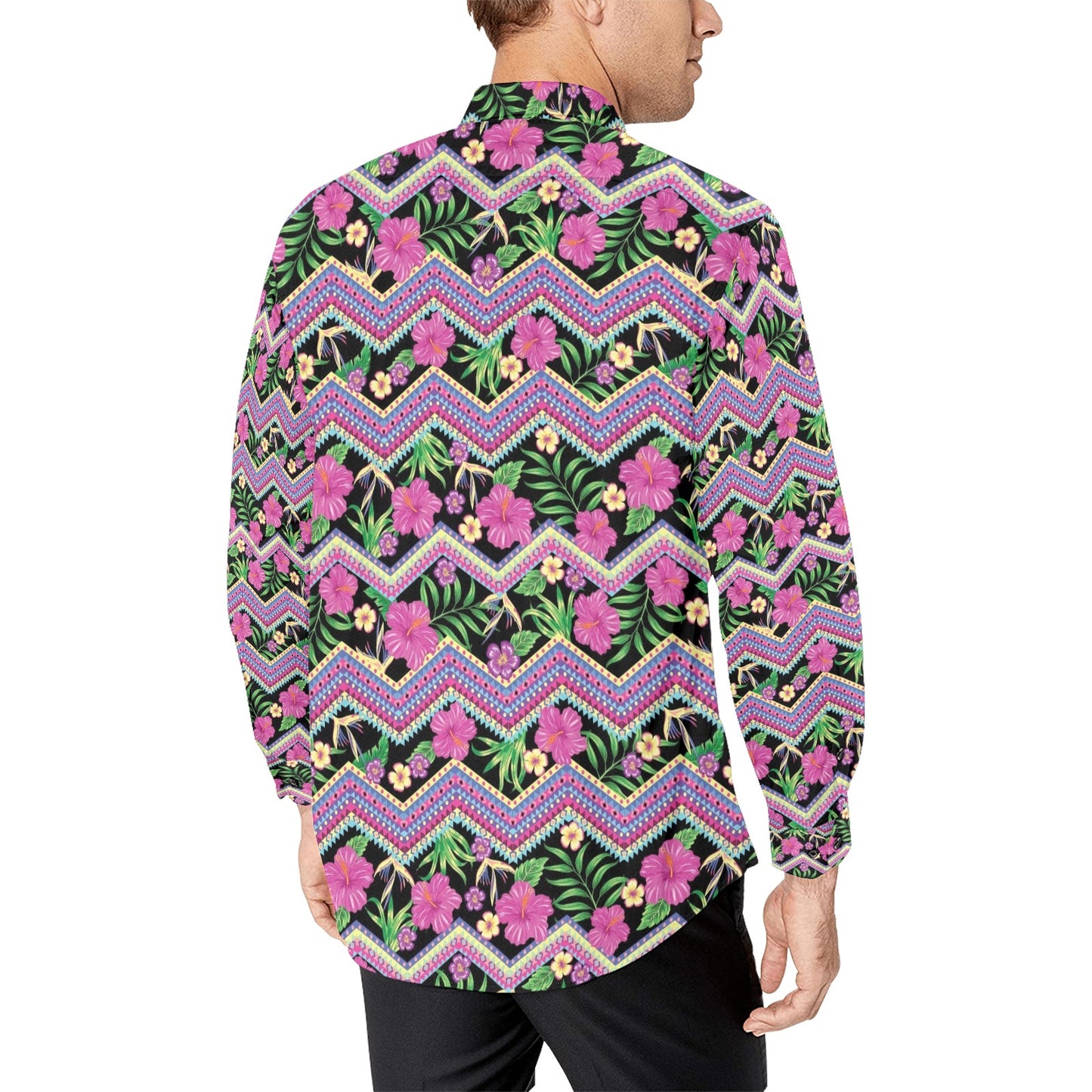 Hibiscus Pink Zigzag Line Pattern Design LKS307 Men's Long Sleeve Dress Shirt
