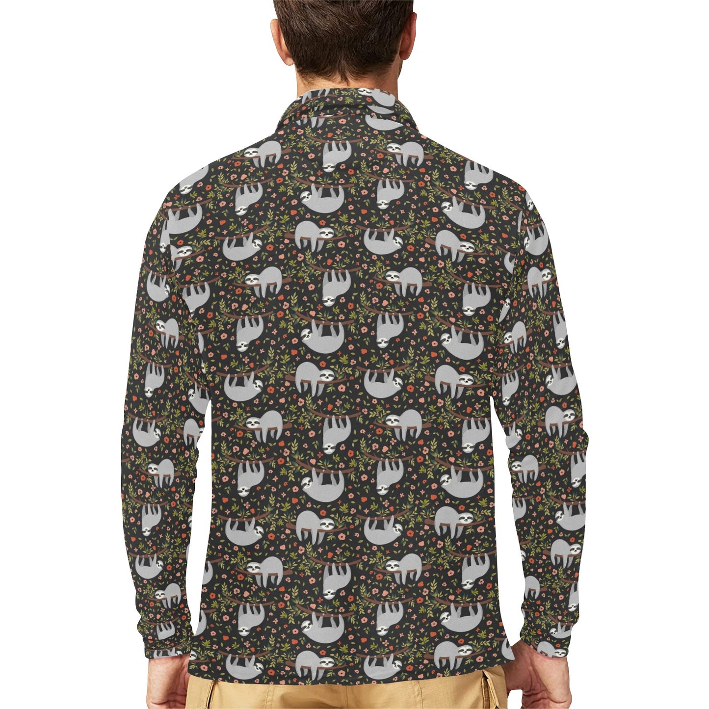 Sloth Cute Design Themed Print Long Sleeve Polo Shirt For Men's