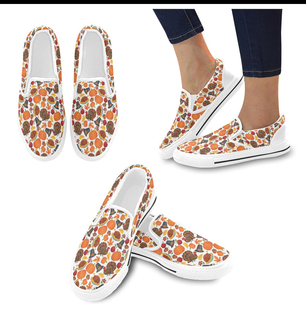 Thanksgiving Print Design LKS304 White Slip Ons Canvas Women's Shoes