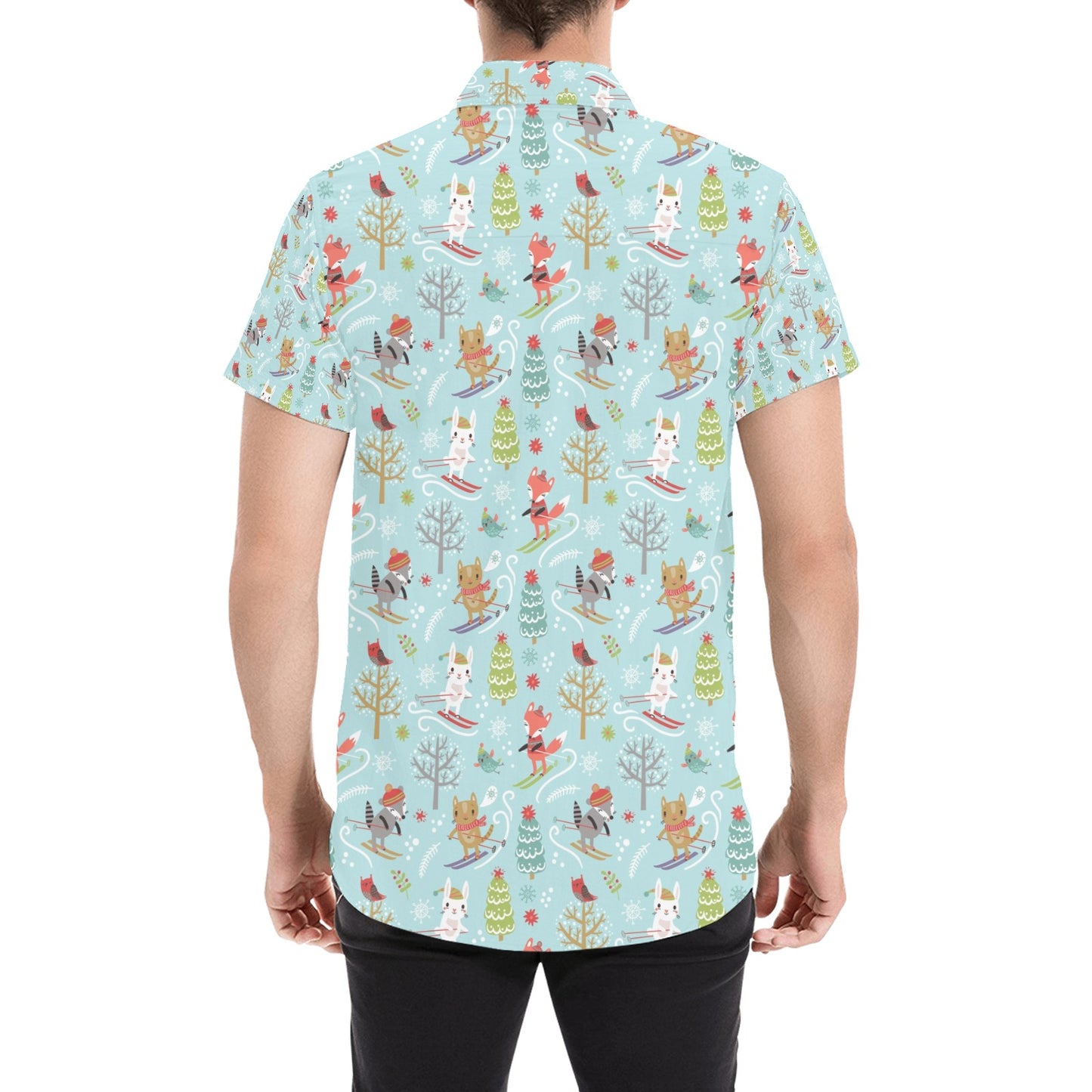 Ski Fox Cute Print Design LKS303 Men Short Sleeve Button Up Shirt