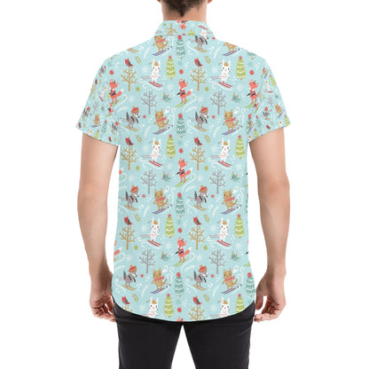 Ski Fox Cute Print Design LKS303 Men Short Sleeve Button Up Shirt