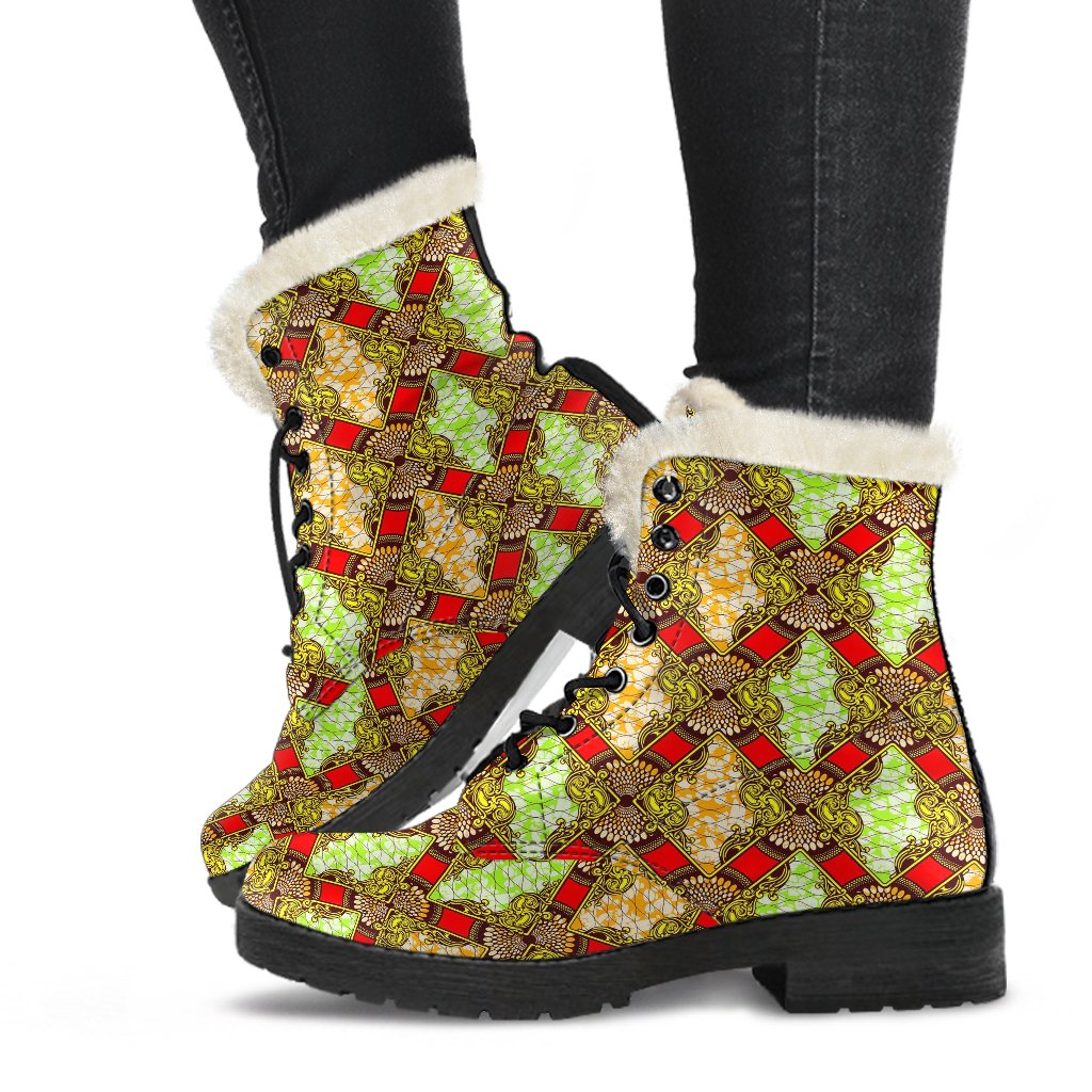 African Classic Print Pattern Faux Fur Leather Boots-JTAMIGO.COM