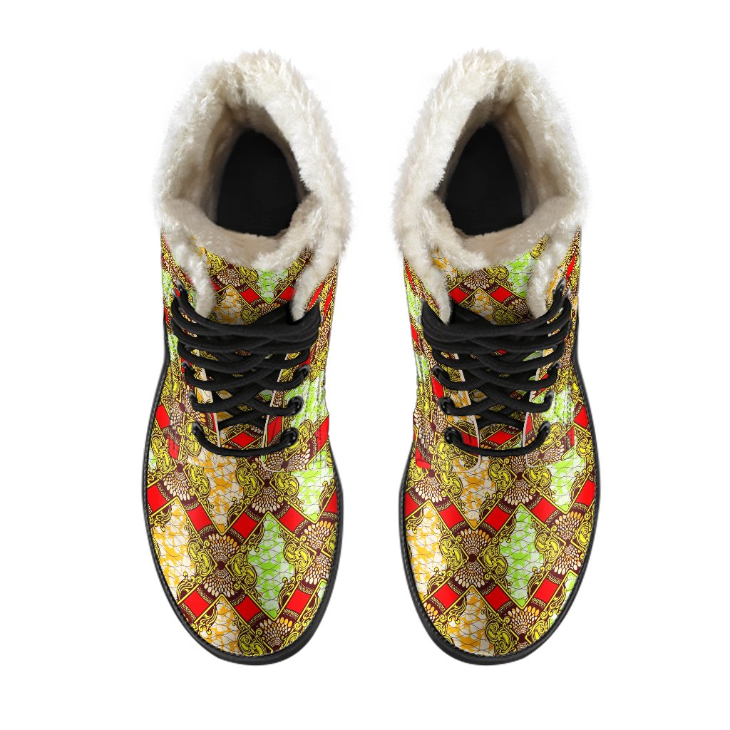 African Classic Print Pattern Faux Fur Leather Boots-JTAMIGO.COM