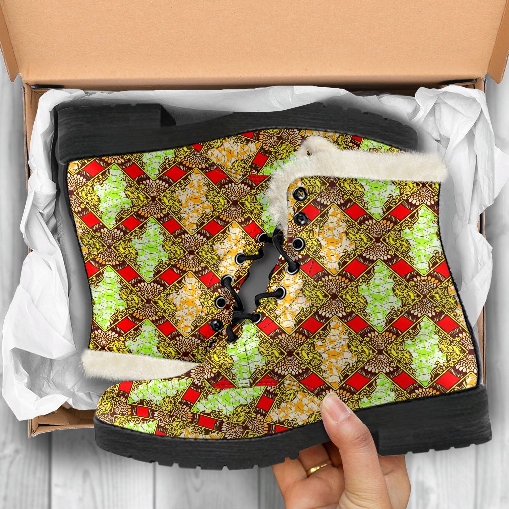 African Classic Print Pattern Faux Fur Leather Boots-JTAMIGO.COM