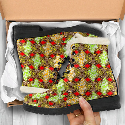African Classic Print Pattern Faux Fur Leather Boots-JTAMIGO.COM