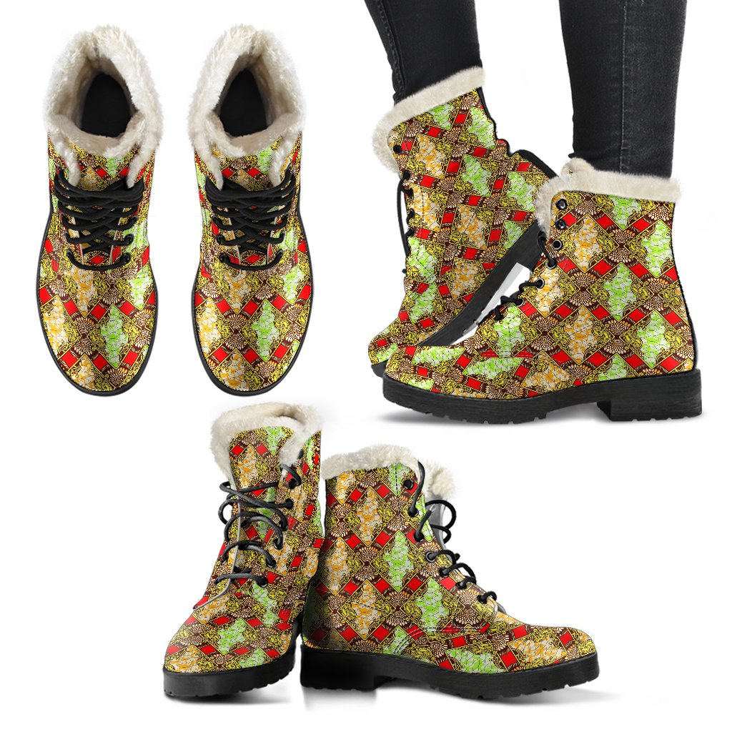 African Classic Print Pattern Faux Fur Leather Boots-JTAMIGO.COM