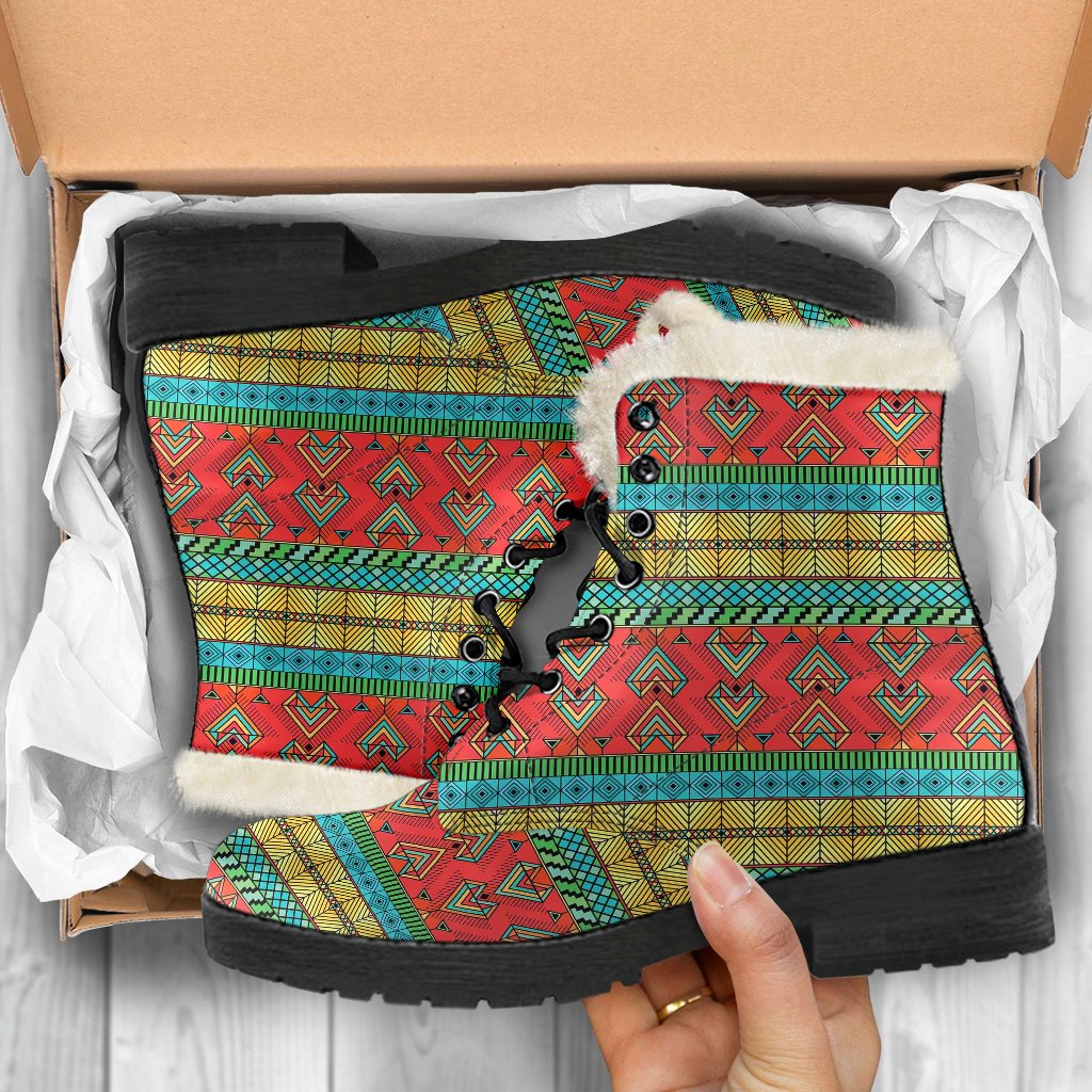 African Colorful Zigzag Print Pattern Faux Fur Leather Boots-JTAMIGO.COM